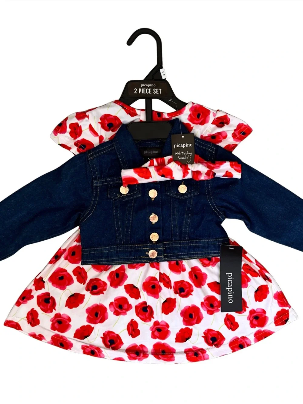 Picapino Girls' Red Floral Dress with Dark Blue Denim Jacket